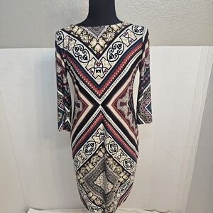 WOMENS LESLIE FAY SZ 4 DRESS 3/4 SLEEVE COLORFUL PRINT EASTER COCKTAIL SECRETARY